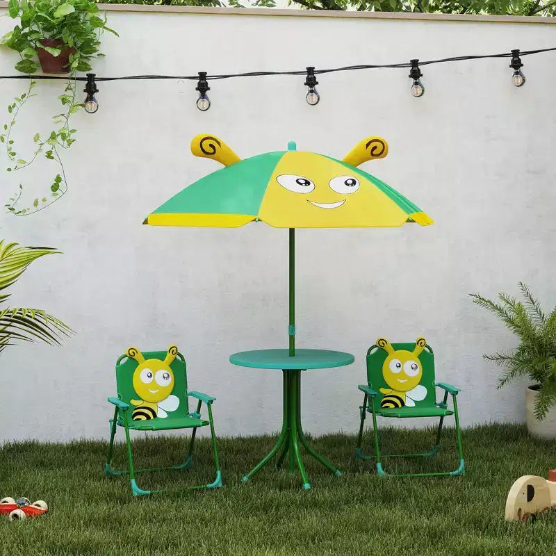 Qaba Tavolo da Picnic e Sedie per Bambini, Set da Esterno con 2 Sedie Pieghevoli, Ombrellone Rimovibile, per Giardino e Cortile