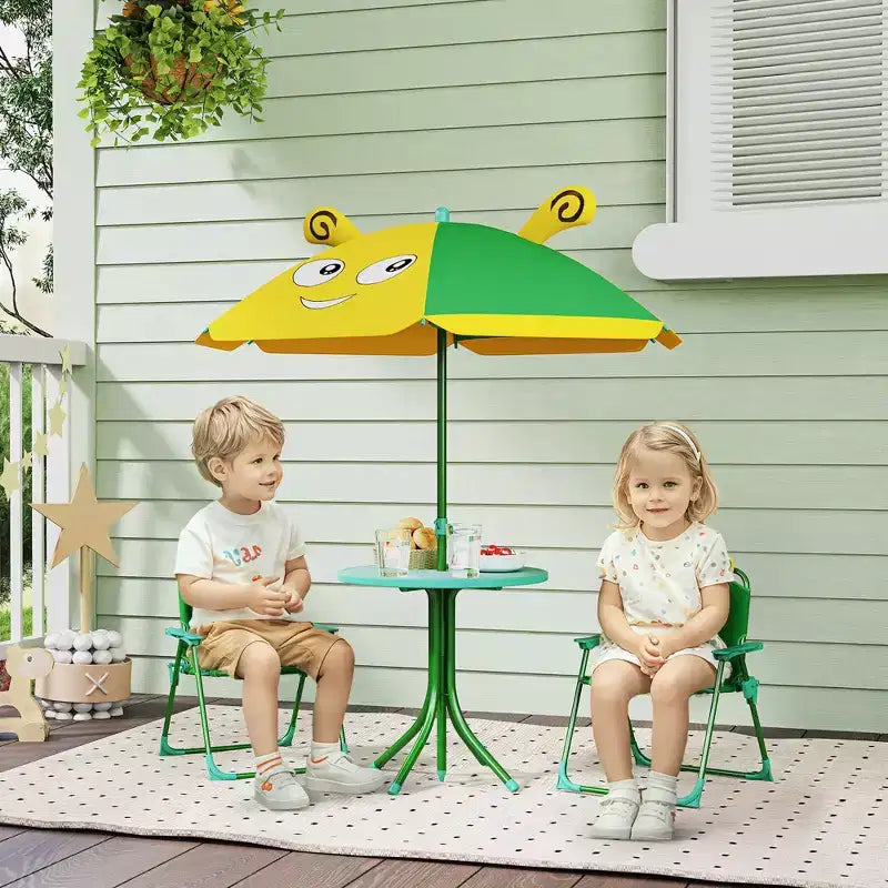Qaba Tavolo da Picnic e Sedie per Bambini, Set da Esterno con 2 Sedie Pieghevoli, Ombrellone Rimovibile, per Giardino e Cortile