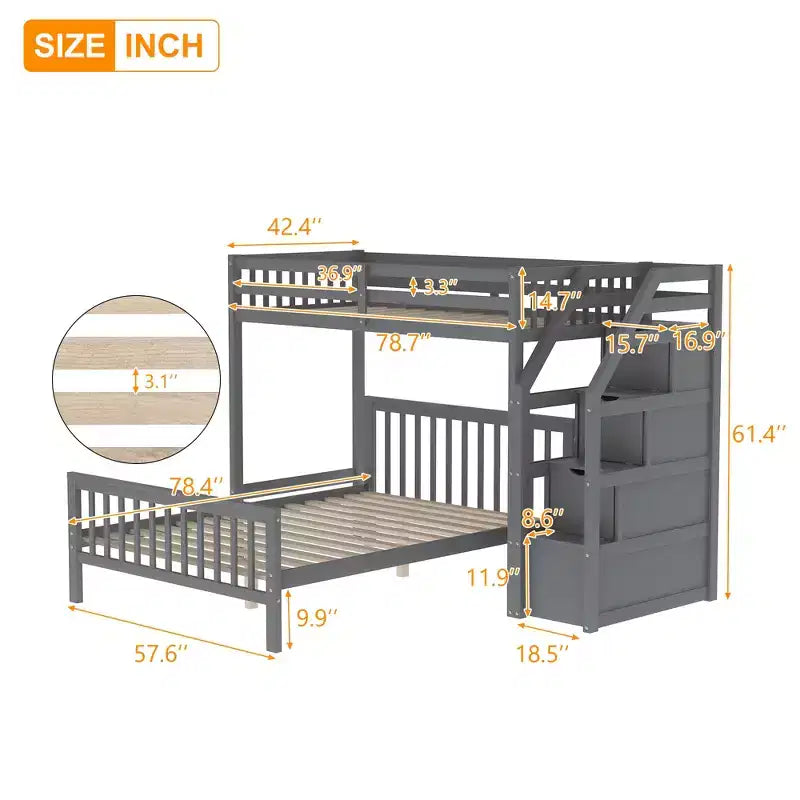 Whisen 97,2L 78,4W Moderno Letto a Soppalco in Legno Matrimoniale a Castello con Contenitore a Scala
