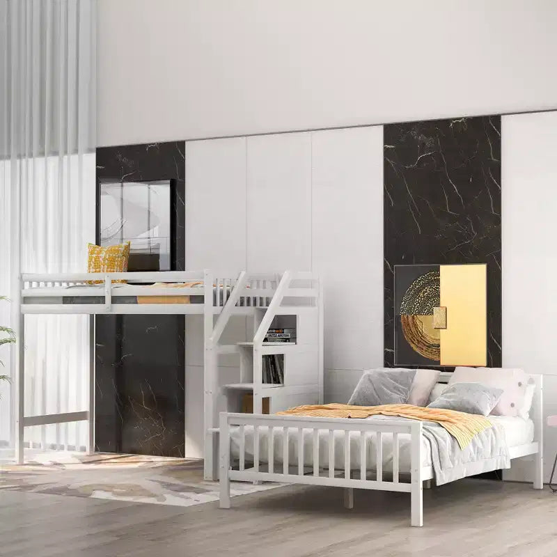 Whisen 97,2L 78,4W Moderno Letto a Soppalco in Legno Matrimoniale a Castello con Contenitore a Scala