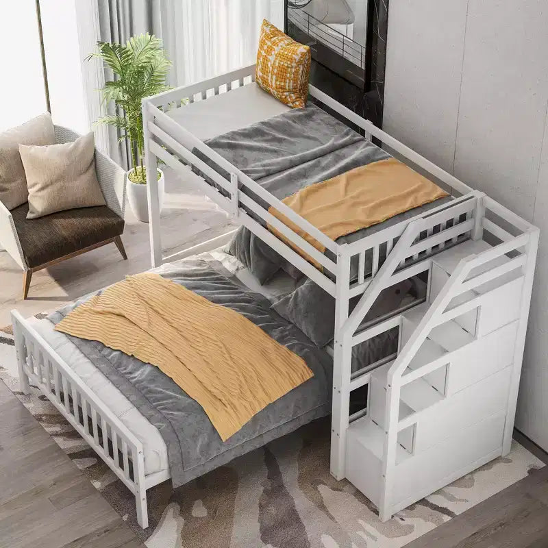 Whisen 97,2L 78,4W Moderno Letto a Soppalco in Legno Matrimoniale a Castello con Contenitore a Scala