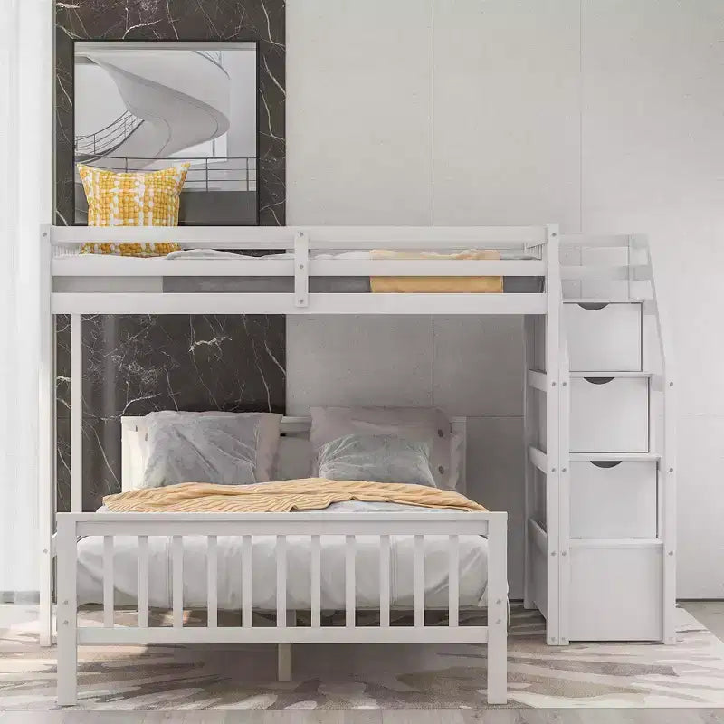 Whisen 97,2L 78,4W Moderno Letto a Soppalco in Legno Matrimoniale a Castello con Contenitore a Scala