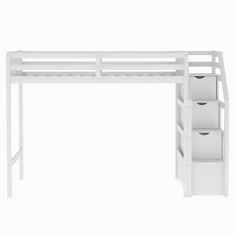 Whisen 97,2L 78,4W Moderno Letto a Soppalco in Legno Matrimoniale a Castello con Contenitore a Scala