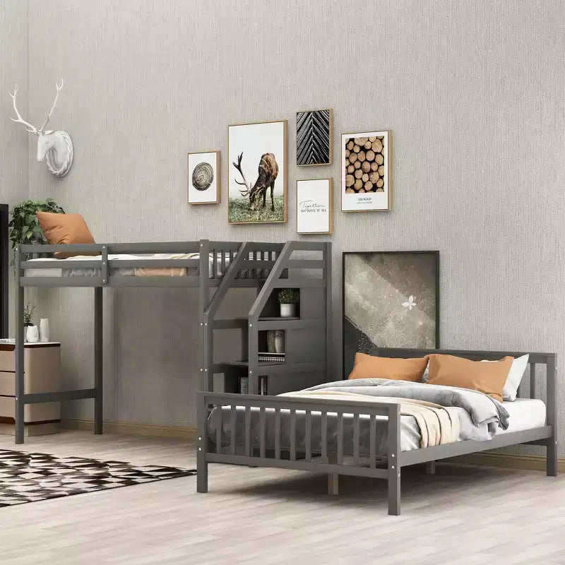 Whisen 97,2L 78,4W Moderno Letto a Soppalco in Legno Matrimoniale a Castello con Contenitore a Scala