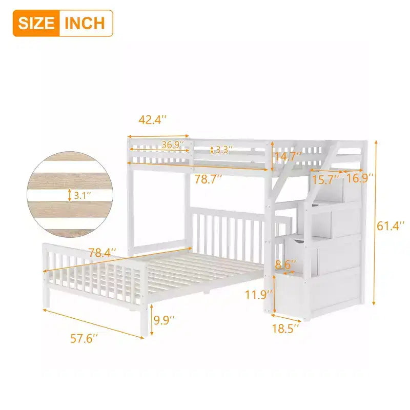 Whisen 97,2L 78,4W Moderno Letto a Soppalco in Legno Matrimoniale a Castello con Contenitore a Scala
