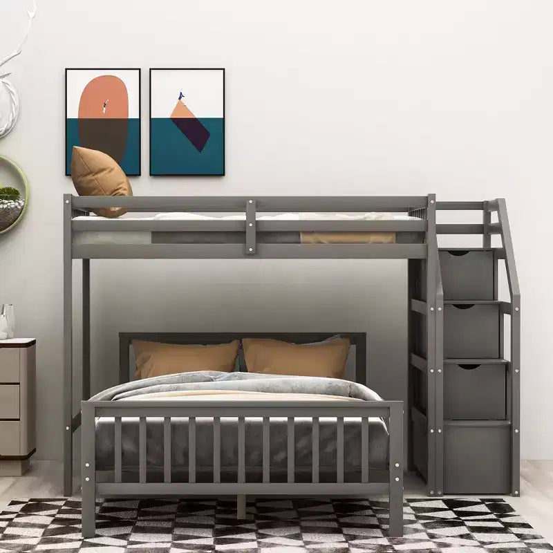 Whisen 97,2L 78,4W Moderno Letto a Soppalco in Legno Matrimoniale a Castello con Contenitore a Scala
