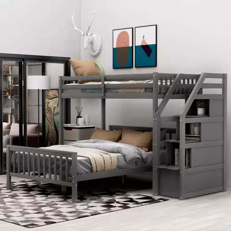 Whisen 97.2L  78.4W Modern Wood Twin over Full Loft Bed with Staircase Storage