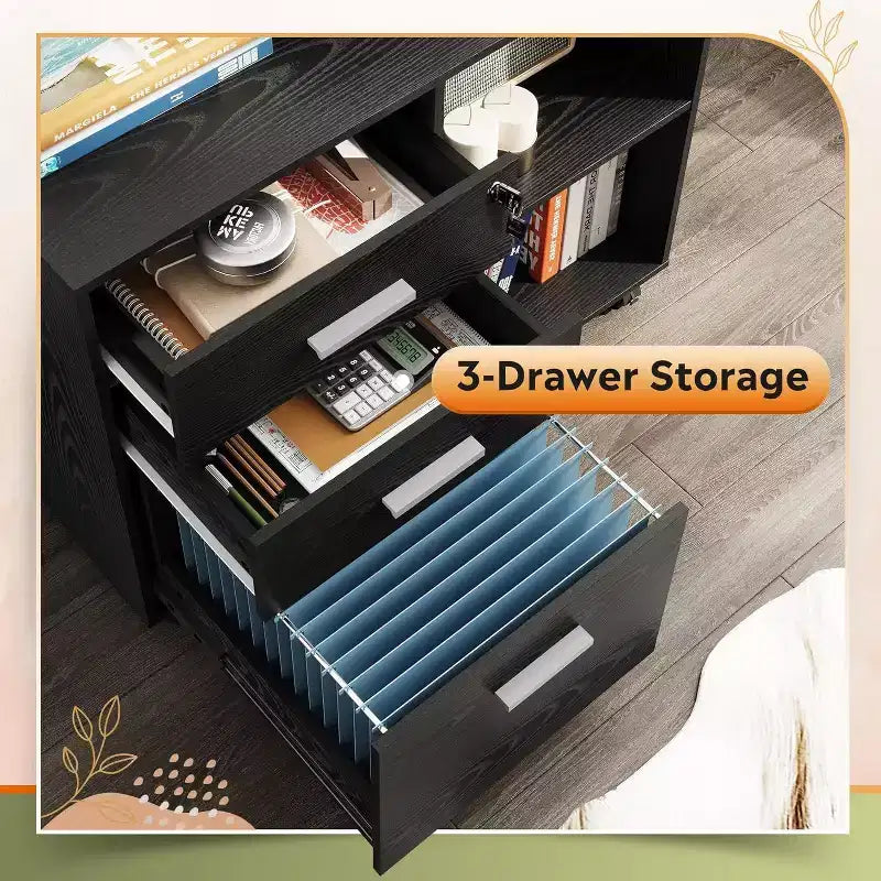 GALAXHERO Cassettiera Portadocumenti a 3 Cassetti in Legno con Serratura, Cassettiera Laterale Mobile