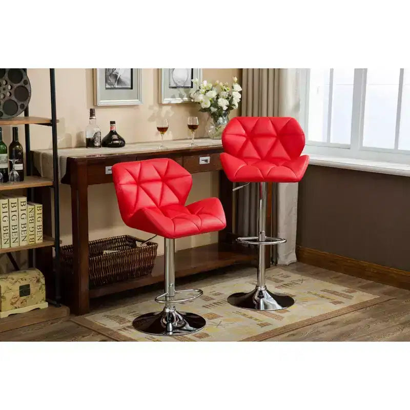 Sgabelli da Bar Idraulici Rotondi Contemporanei Glasgow di Roundhill Furniture, con Altezza Regolabile e Bottoni, Rossi, Set da 2