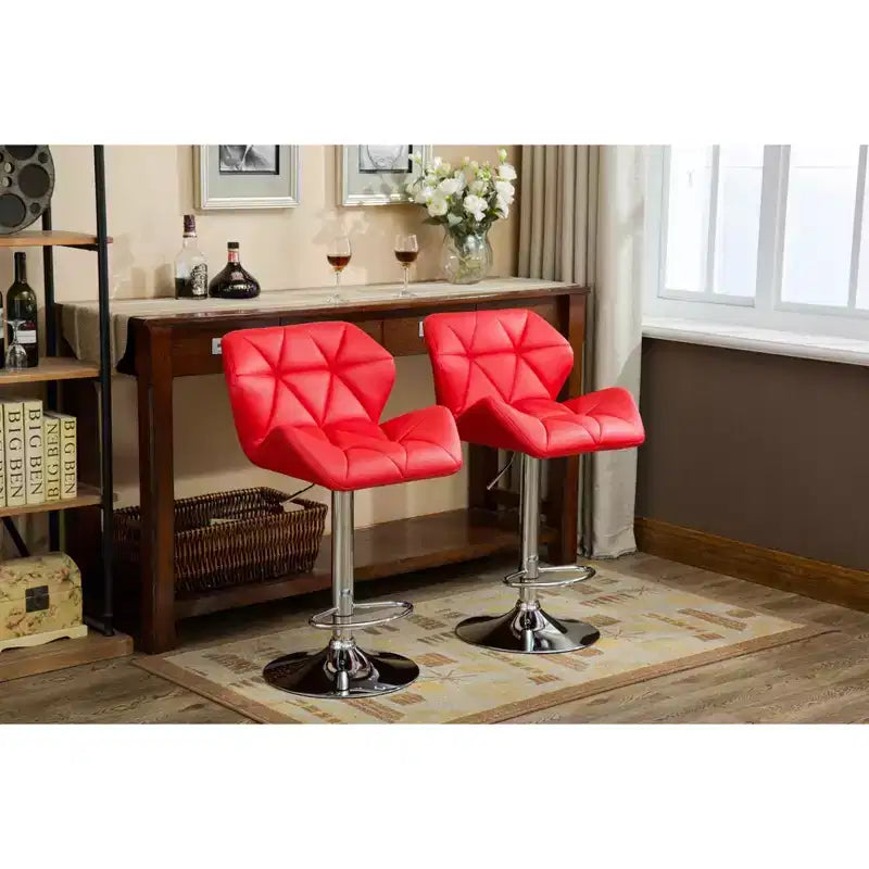 Sgabelli da Bar Idraulici Rotondi Contemporanei Glasgow di Roundhill Furniture, con Altezza Regolabile e Bottoni, Rossi, Set da 2