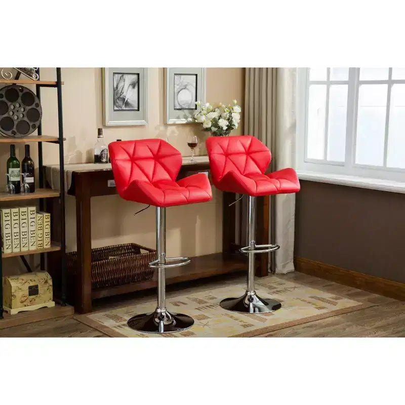 Sgabelli da Bar Idraulici Rotondi Contemporanei Glasgow di Roundhill Furniture, con Altezza Regolabile e Bottoni, Rossi, Set da 2