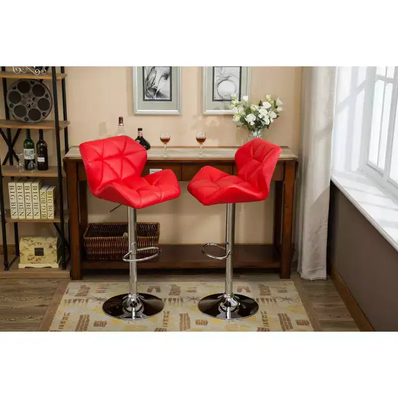 Sgabelli da Bar Idraulici Rotondi Contemporanei Glasgow di Roundhill Furniture, con Altezza Regolabile e Bottoni, Rossi, Set da 2