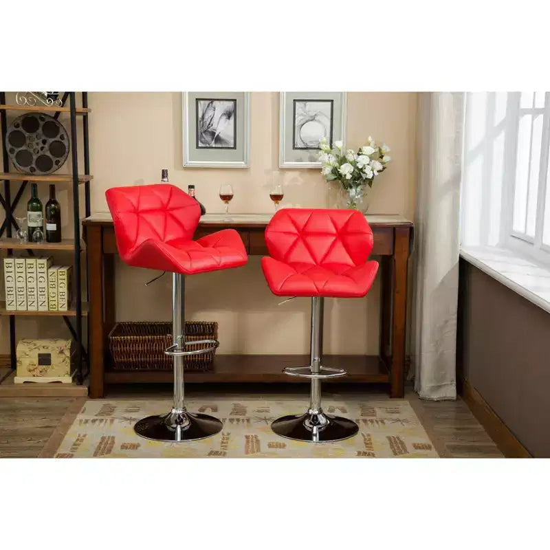 Sgabelli da Bar Idraulici Rotondi Contemporanei Glasgow di Roundhill Furniture, con Altezza Regolabile e Bottoni, Rossi, Set da 2