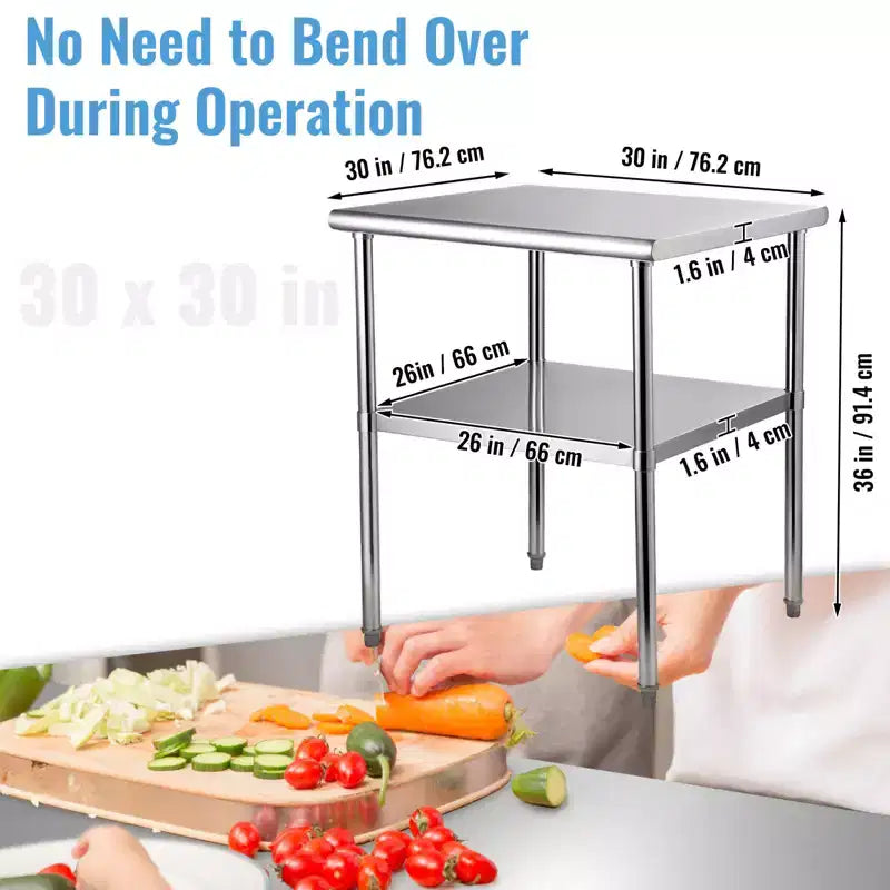 VEVOR Tavolo da Preparazione in Acciaio Inossidabile, 76 x 76 x 91 cm, 363 kg di Capacità di Carico, Banco da Lavoro in Metallo Resistente con Ripiano Inferiore e Piedini Regolabili