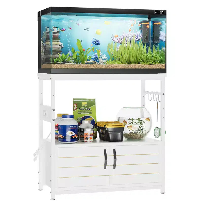 Mobile per acquario Bestier Gallon con presa di corrente, supporto nero per acquario con armadietti, mobile rettangolare per acquario con piedini regolabili e 4 ganci
