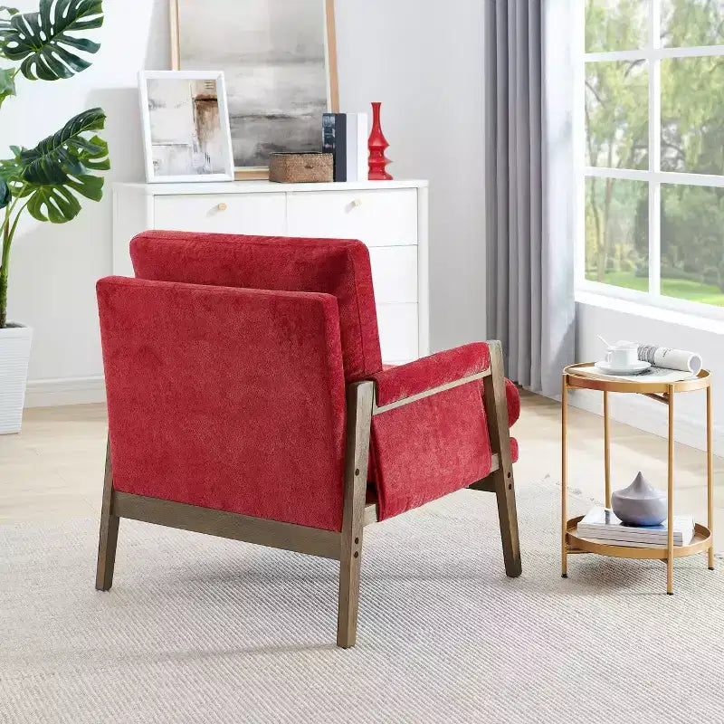 Okak Poltrona moderna in velluto Sedia da soggiorno imbottita Stile metà secolo con gambe in legno di gomma per sala lettura camera da letto