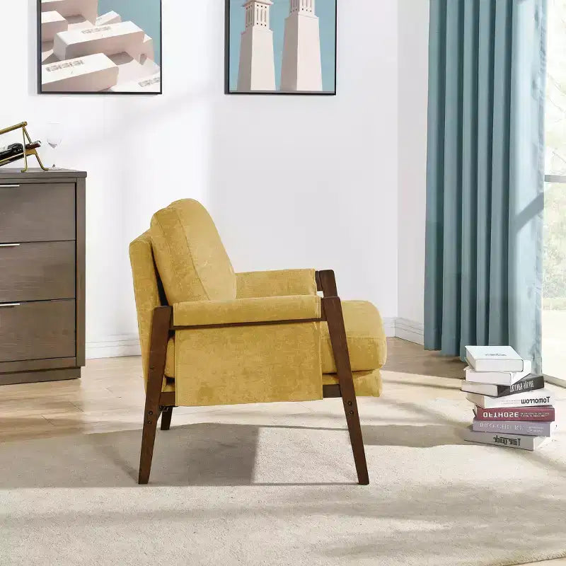Okak Poltrona moderna in velluto Sedia da soggiorno imbottita Stile metà secolo con gambe in legno di gomma per sala lettura camera da letto