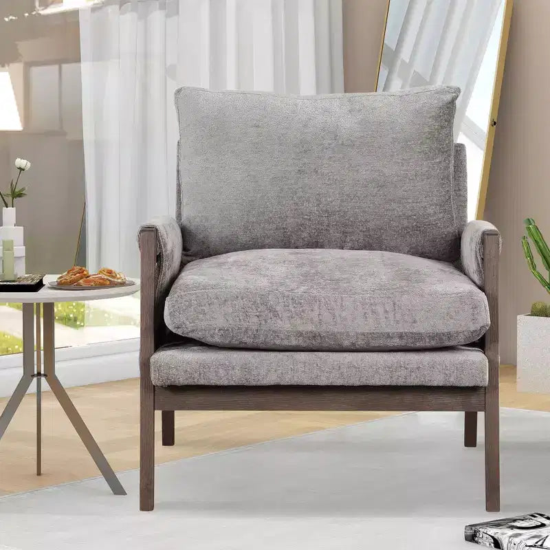 Okak Poltrona moderna in velluto Sedia da soggiorno imbottita Stile metà secolo con gambe in legno di gomma per sala lettura camera da letto