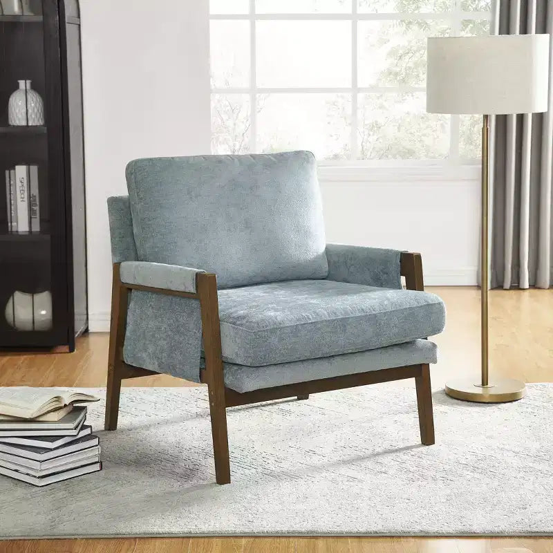 Okak Poltrona moderna in velluto Sedia da soggiorno imbottita Stile metà secolo con gambe in legno di gomma per sala lettura camera da letto
