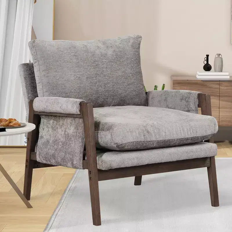Okak Poltrona moderna in velluto Sedia da soggiorno imbottita Stile metà secolo con gambe in legno di gomma per sala lettura camera da letto