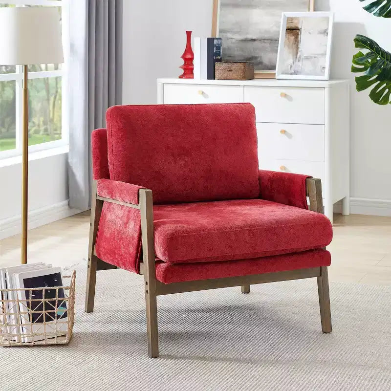 Okak Modern Velvet Accent Chair Living Room Chair with Upholstered Mid-Century Stylish Armchair with Rubber Wood Legs for Reading Room Bedroom