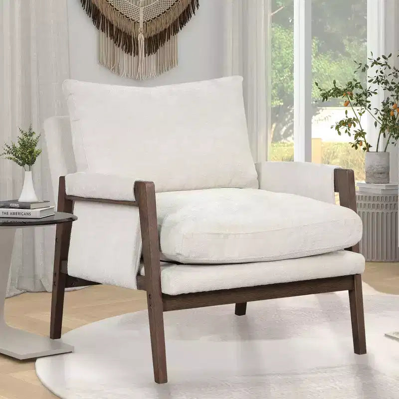 Okak Poltrona moderna in velluto Sedia da soggiorno imbottita Stile metà secolo con gambe in legno di gomma per sala lettura camera da letto