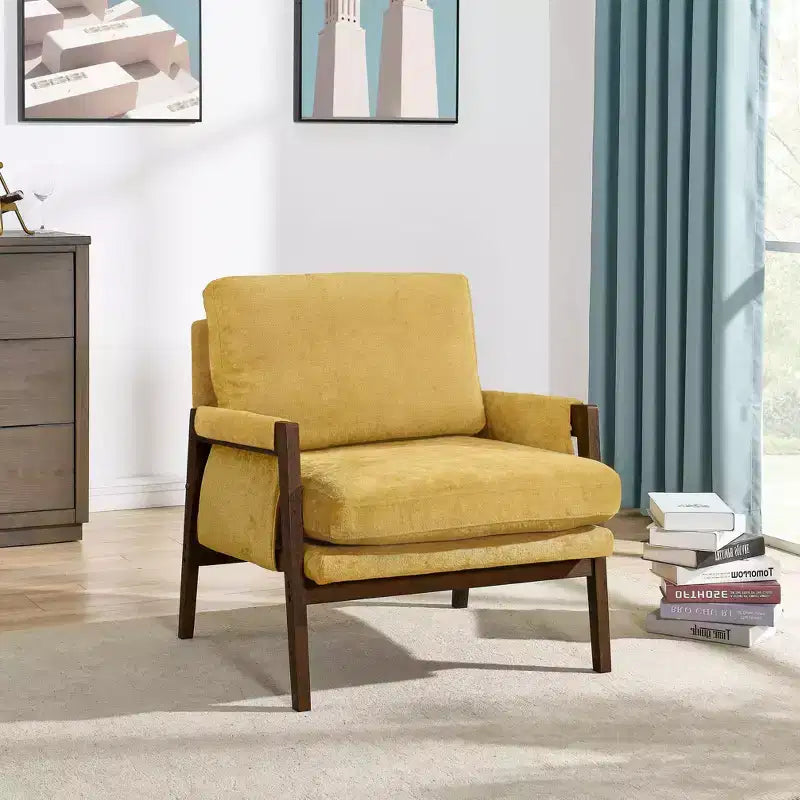 Okak Poltrona moderna in velluto Sedia da soggiorno imbottita Stile metà secolo con gambe in legno di gomma per sala lettura camera da letto