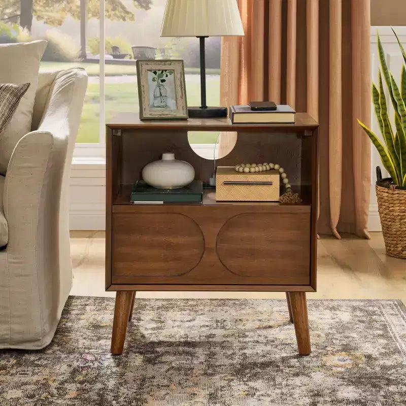 Tavolino Divano Moderno Scanalato, Tavolino Laterale in Legno con Cassetto e Ripiano Aperto, Comodino d'Accento per Camera da Letto, Tavolino da Notte Stile Rustico per Soggiorno