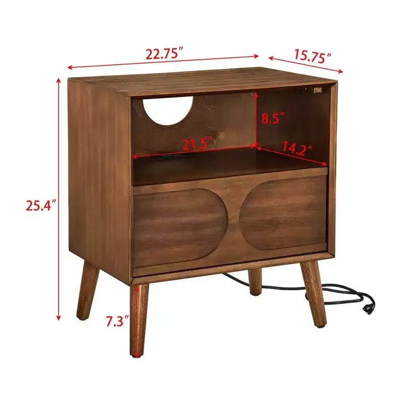 Tavolino Divano Moderno Scanalato, Tavolino Laterale in Legno con Cassetto e Ripiano Aperto, Comodino d'Accento per Camera da Letto, Tavolino da Notte Stile Rustico per Soggiorno