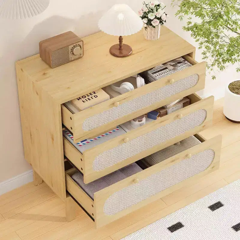 Cassettiera in Rattan a 3 Cassetti, Comodino in Legno, Piccolo Armadietto Bohemian, Tavolino da Notte, Camera da Letto, Soggiorno