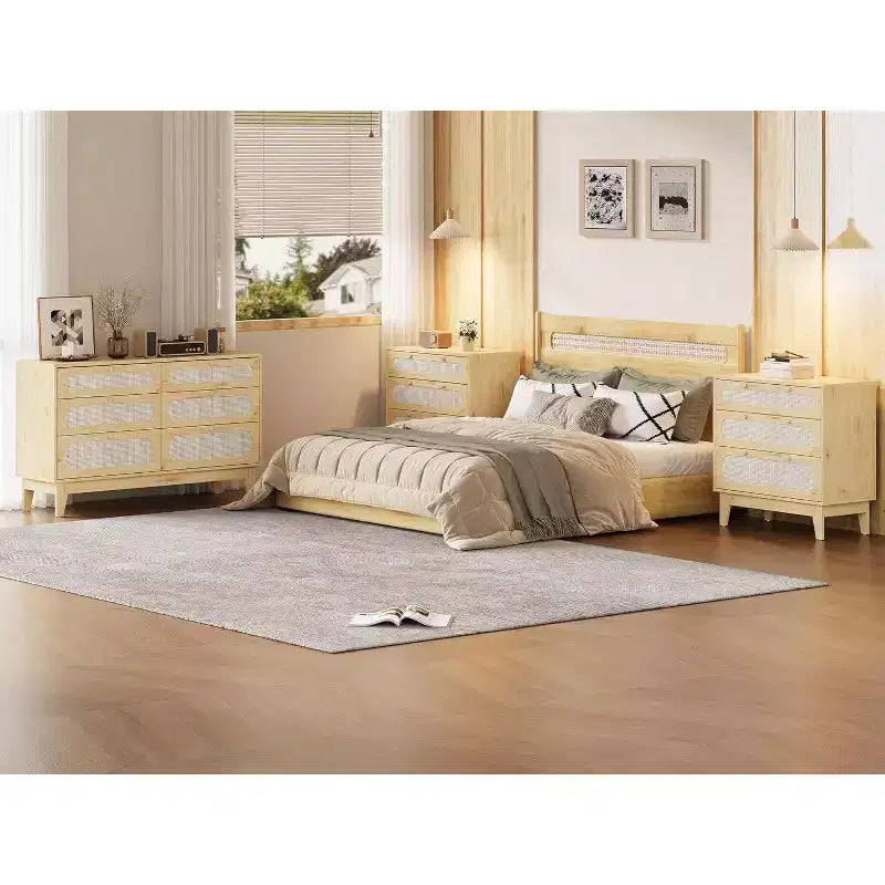 Cassettiera in Rattan a 3 Cassetti, Comodino in Legno, Piccolo Armadietto Bohemian, Tavolino da Notte, Camera da Letto, Soggiorno
