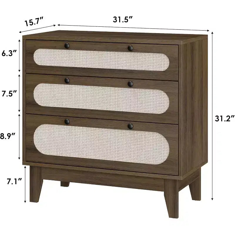 Cassettiera in Rattan a 3 Cassetti, Comodino in Legno, Piccolo Armadietto Bohemian, Tavolino da Notte, Camera da Letto, Soggiorno