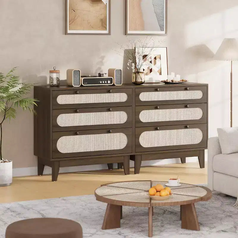 Cassettiera in Rattan a 3 Cassetti, Comodino in Legno, Piccolo Armadietto Bohemian, Tavolino da Notte, Camera da Letto, Soggiorno