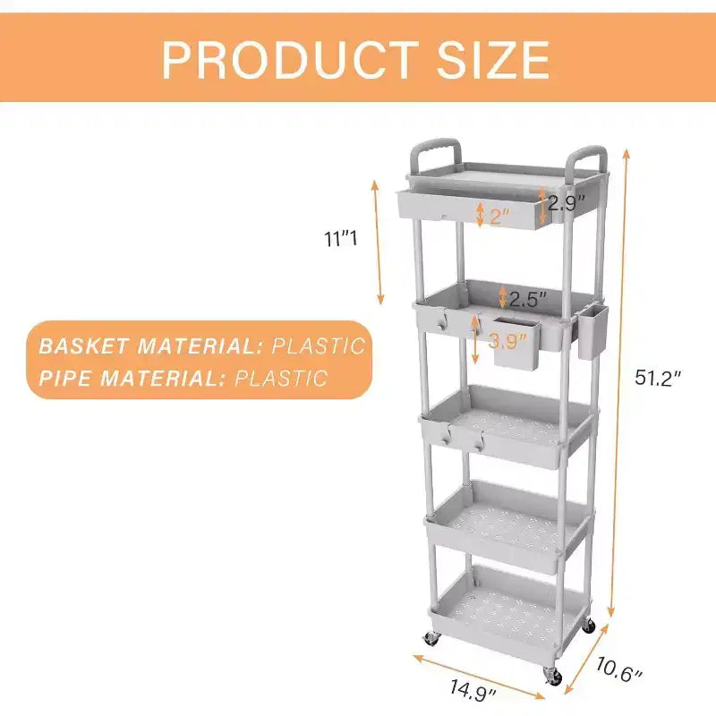Carrello a 5 ripiani Tree City con cassetto, organizer mobile salvaspazio per cucina - Capacità 150 kg