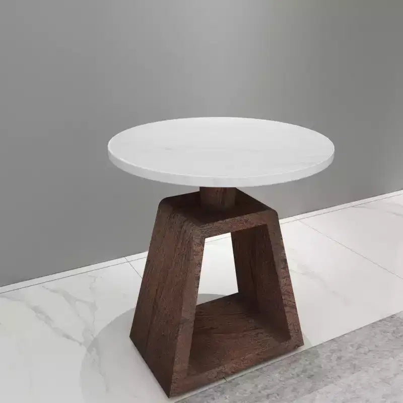 Royal Hampton 16.5 Inch Side End Table with Round White Genuine Marble Top and Handcrafted Mango Wood Base