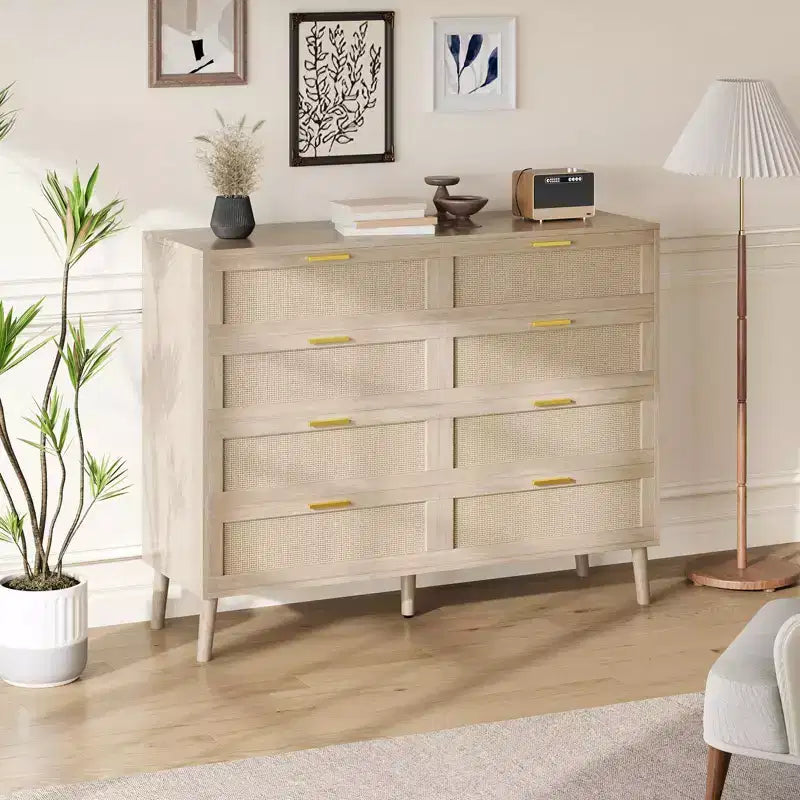 Cassettiera a 6 cassetti / 8 cassetti, cassettiera in rattan naturale, cassettiera in legno stile rustico con maniglie dorate per soggiorno, ingresso, corridoio