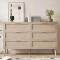 6 Drawer / 8 Drawer Dresser, Natural Rattan Dresser, Farmhouse Wood Chest of Drawer with Golden Handles for Living Room, Entryway, Hallway