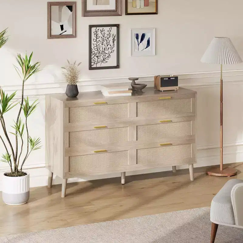 Cassettiera a 6 cassetti / 8 cassetti, cassettiera in rattan naturale, cassettiera in legno stile rustico con maniglie dorate per soggiorno, ingresso, corridoio