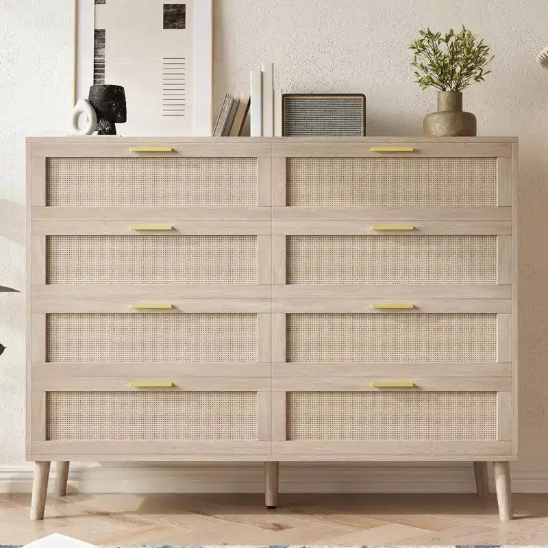 Cassettiera a 6 cassetti / 8 cassetti, cassettiera in rattan naturale, cassettiera in legno stile rustico con maniglie dorate per soggiorno, ingresso, corridoio