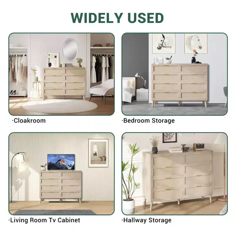 Cassettiera a 6 cassetti / 8 cassetti, cassettiera in rattan naturale, cassettiera in legno stile rustico con maniglie dorate per soggiorno, ingresso, corridoio