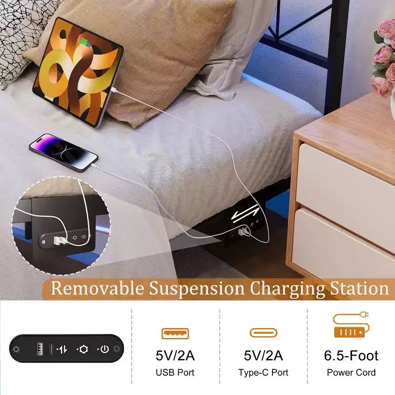 Struttura letto flottante Hausource con testiera contenitore a LED, stazione di ricarica, nessun materasso a molle necessario