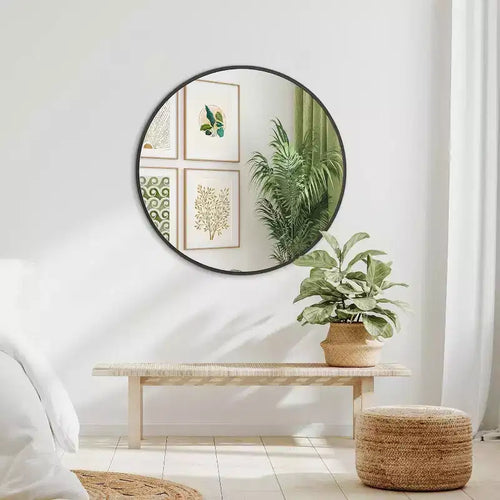 Specchio da bagno rotondo con cornice in metallo nero da 32 pollici per parete.