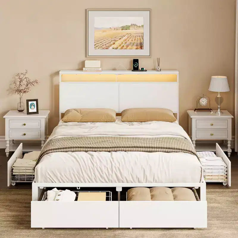 Letto Moderno con 4 Cassetti Contenitore, Testiera a LED e Stazione di Ricarica