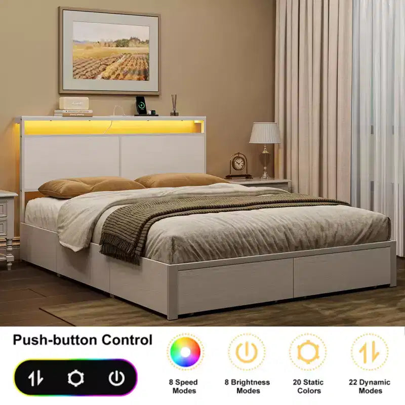 Letto Moderno con 4 Cassetti Contenitore, Testiera a LED e Stazione di Ricarica