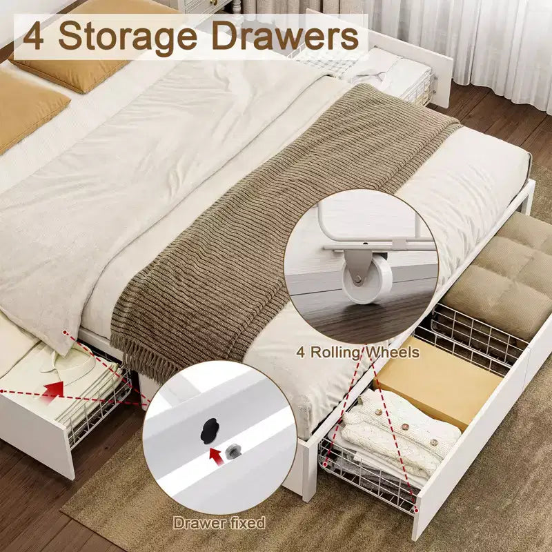 Letto Moderno con 4 Cassetti Contenitore, Testiera a LED e Stazione di Ricarica