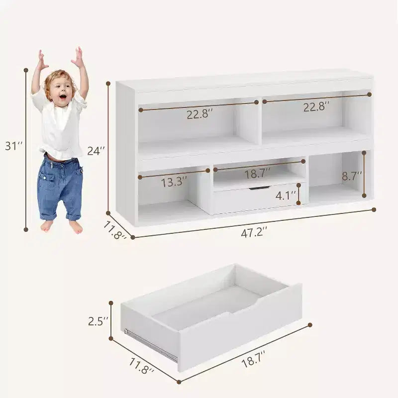 Libreria per bambini a 2 ripiani e organizer giocattoli con 5 vani + 1 cassetto, bianca per sala giochi/camera dei bambini