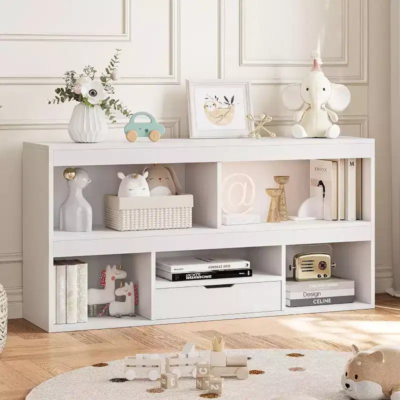 Libreria per bambini a 2 ripiani e organizer giocattoli con 5 vani + 1 cassetto, bianca per sala giochi/camera dei bambini