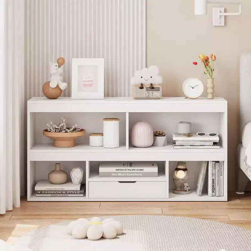 Libreria per bambini a 2 ripiani e organizer giocattoli con 5 vani + 1 cassetto, bianca per sala giochi/camera dei bambini