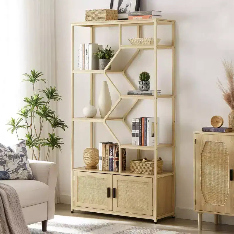 GDFStudio Yedda Modern 75.6 Wood Bookcase with Cabinet and 7 Shelves