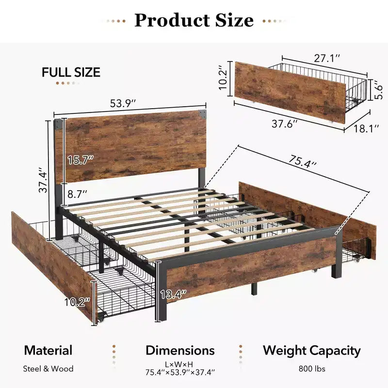 Struttura letto con cassetti contenitore - Piattaforma in metallo resistente con testiera in legno, non è necessaria la rete, facile da montare, marrone vintage